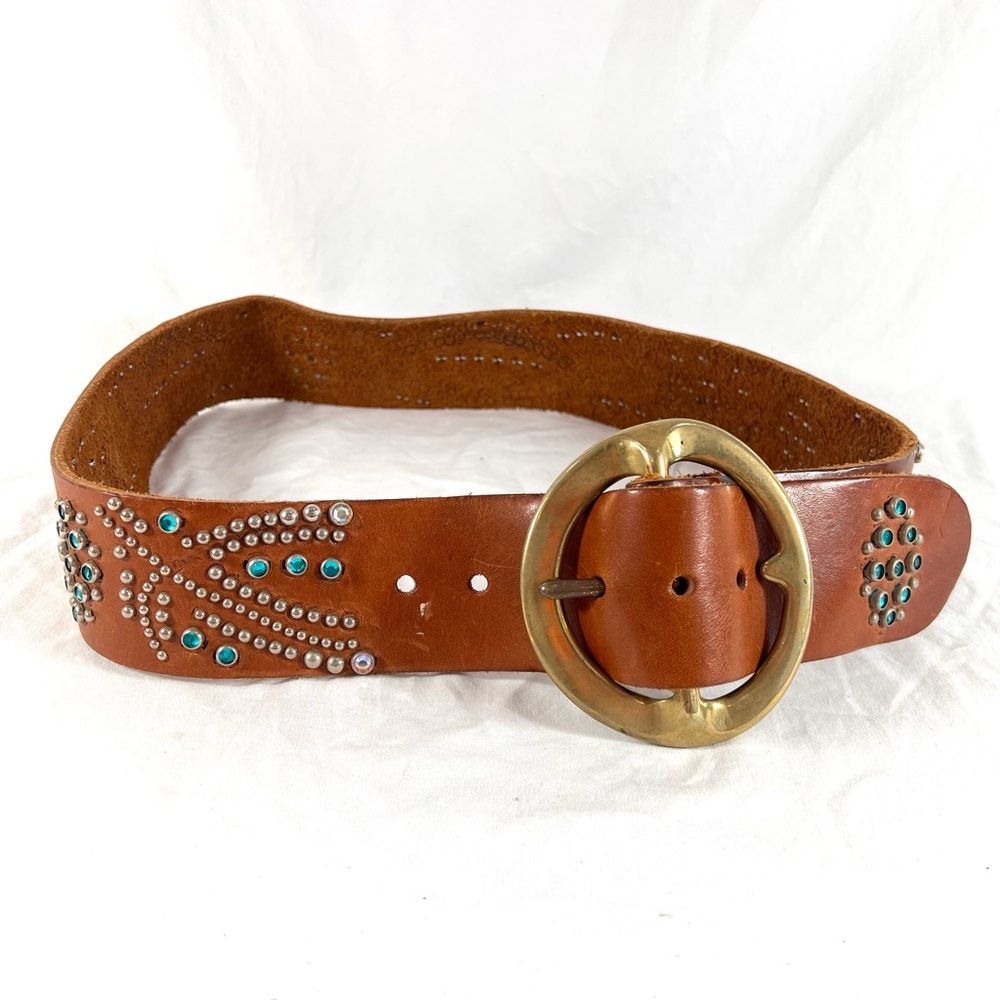 Vintage Women's Full Riveted Light Blue Rhinestone Handmade Tan Leather 36-42